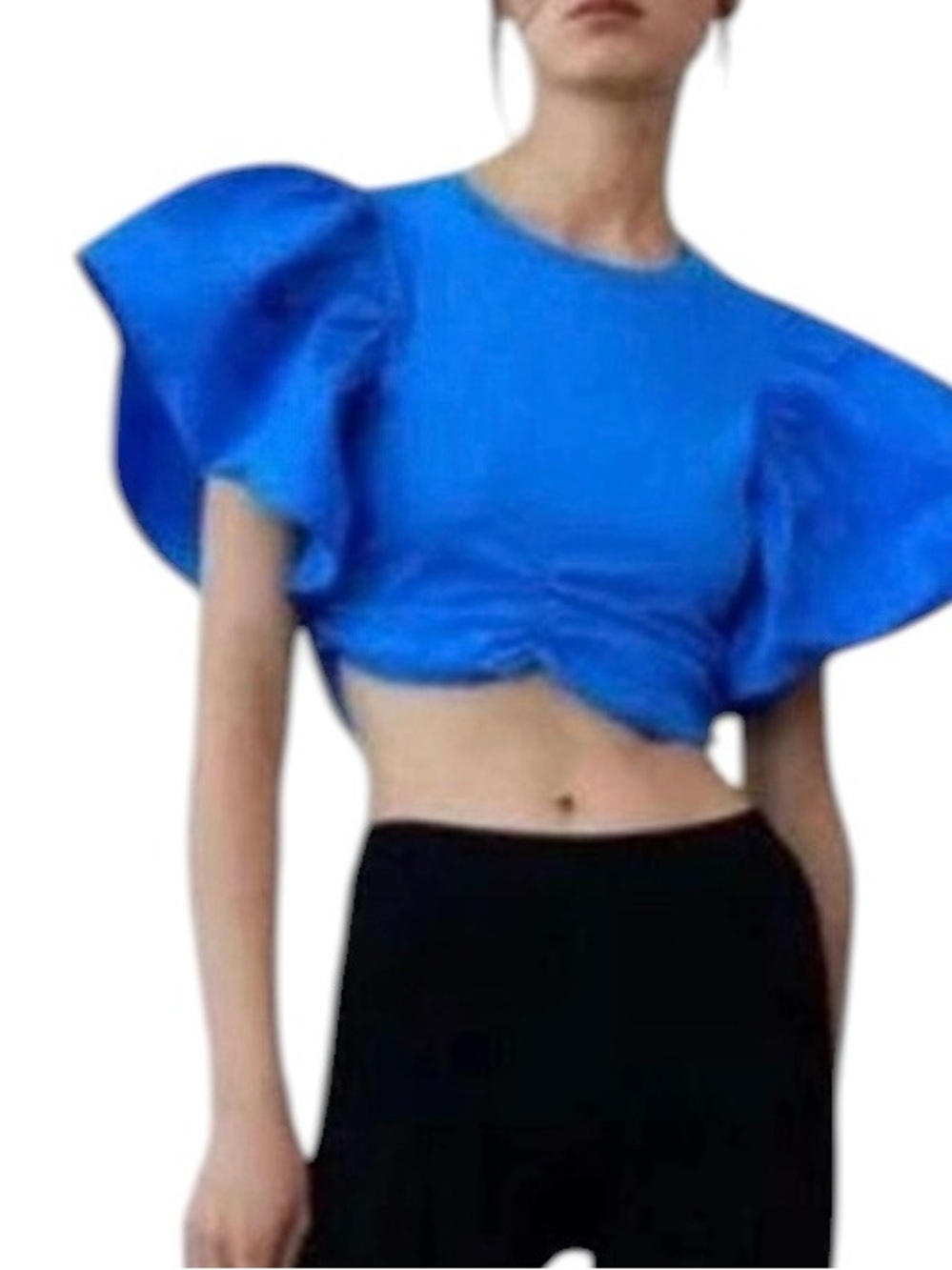 Zara Crop Top Puff Sleeve Ruched Blue M coquette feminine